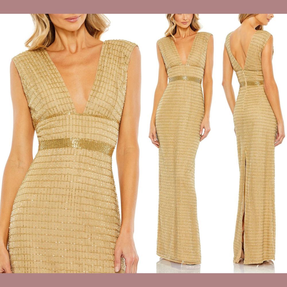 NWT $598 Mac Duggal [ 8 ] Beaded Cap Sleeve V Neck Column Gown in Gold‎ #S1003